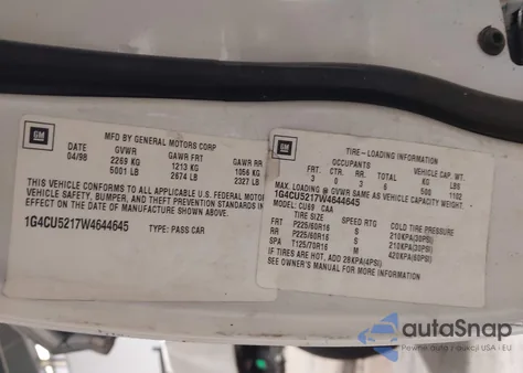 1998 Buick Park Avenue Ultra from USA, damaged, VIN 1G4CU5217W4644645